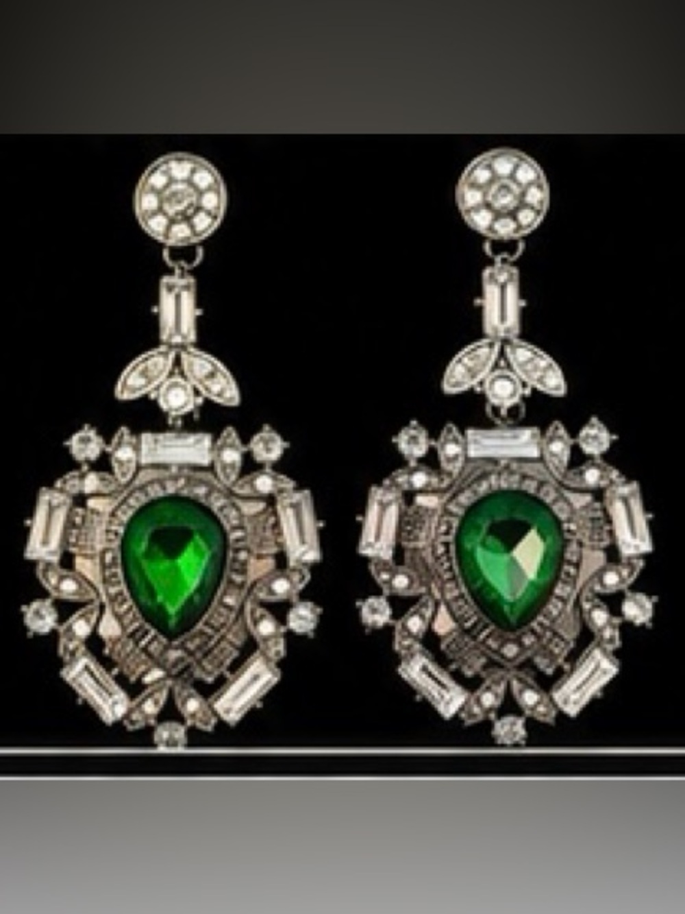 Art Deco Vintage Inspired Green and Crystal elegant drop pierced earrings, NWOT